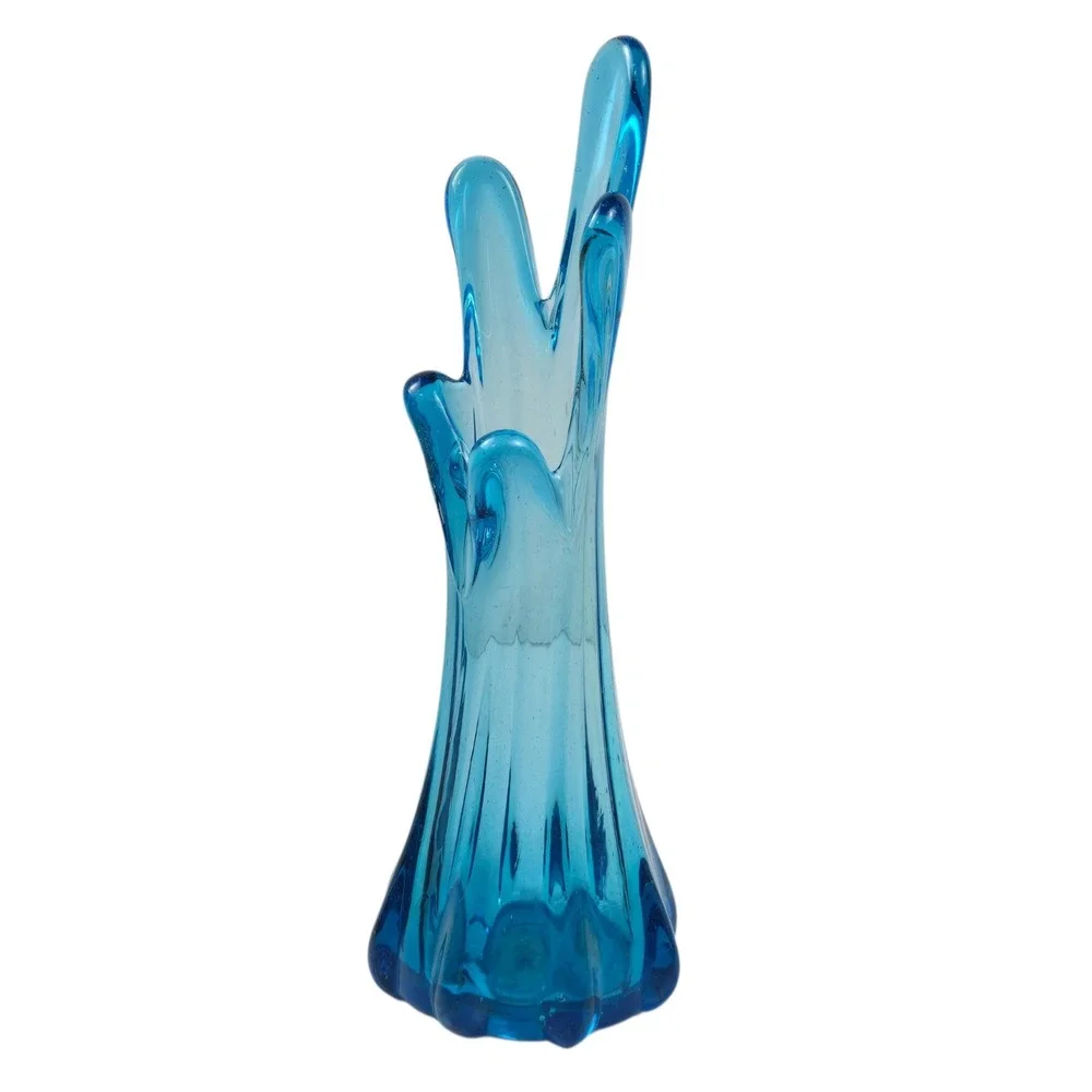 Vintage 60s Art Glass 5 Finger Swung Vase MCM Hand Blown Blue 9
